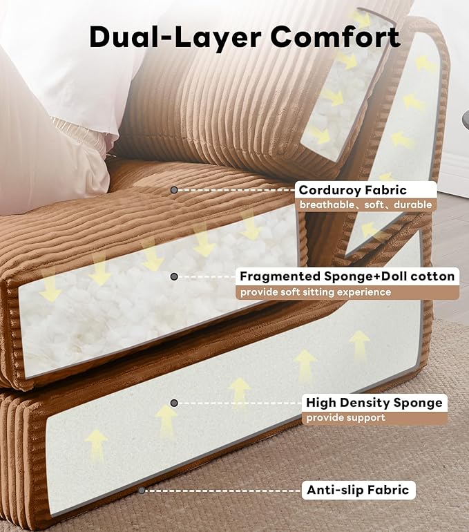 Tbfit Folding Sofa Bed, Convertible Sleeper Chair with Large Pillow, Corduroy Folding Couch Bed, Portable & Foldable Mattress Boneless Floor Sofa for Living Room, Bedroom, Office, Brown, Single
