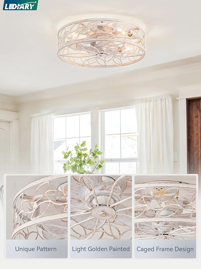 LEDIARY 20 Inch Caged Ceiling Fans with Lights, White Flush Mount Ceiling Fan with Remote, Low Profile Bladeless Ceiling Fan Light Fixture for Bedroom, Kitchen, Dining Room-White Gold Color