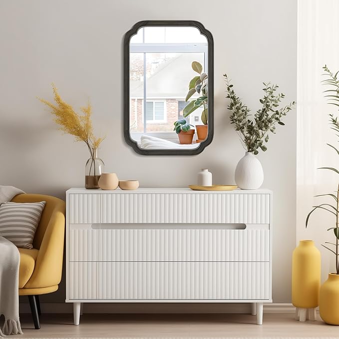 WallBeyond 20" x 30" Rounded Corner Arch Wall Mirror with Wood Frame for Entryway, Living Room or Bedroom Home Decor - Light Woodgrain [20" x 30" Black]