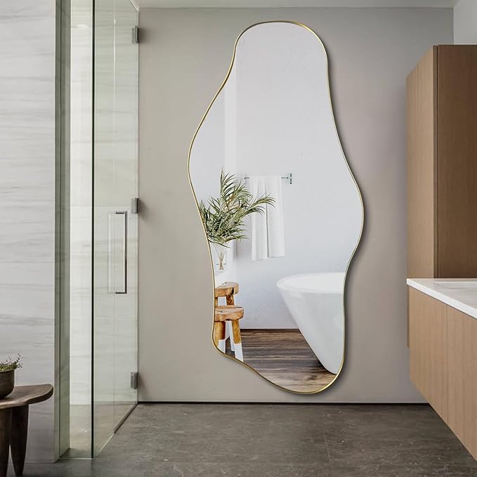 Large Irregular Mirror, 63"x29" Asymmetrical Full Length Mirrors for Dressing, Gold Metal Frame Abstract Wall Mirror, Unique Shaped Mirrors for Living Room Bathroom Bedroom Hallway Entryway