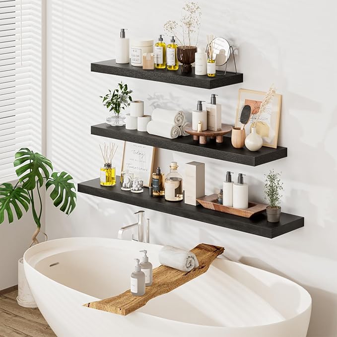 Heimlove 48W x 12D Long Floating Shelf, 12 Inch Deep Black Floating Shelves for Wall Set of 2, Wood Shelves for Bedroom Living Room Bathroom Kitchen Home Office, Wall Shelves with Heavy Duty Bracket