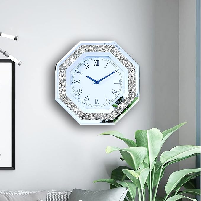 Wall Clock, Octagon Mirror Glass Clock, Cute Diamond 12-inch Non-Ticking Clock for Wall Décor, Perfect Home Decor for Bedroom, Bathroom Motif, Dining Room(Excluding Batteries.)