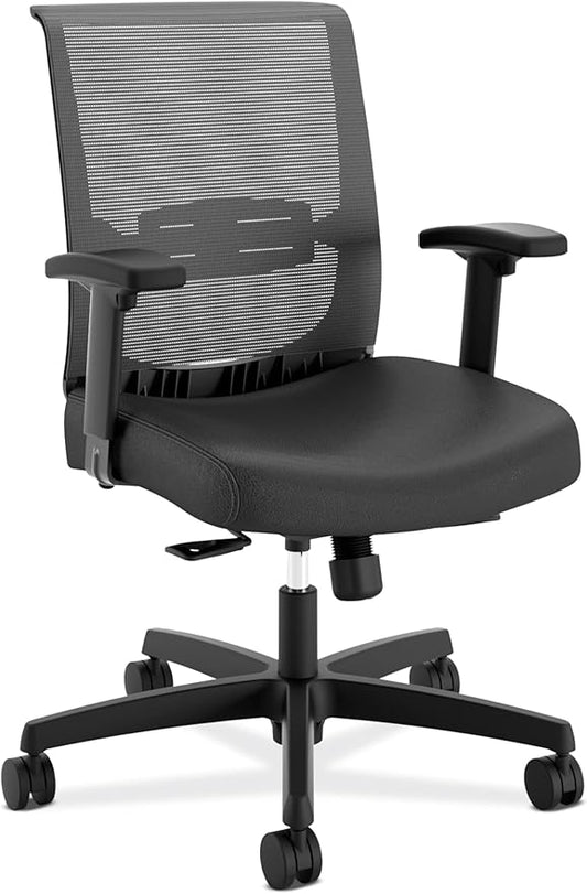 HON Convergence Ergonomic Office Chair, Breathable Back Support Mesh, Adjustable Arms, Computer Seating with Lumbar Support, Swivel Wheels, Synchro-Tilt Recline, Vinyl, Black