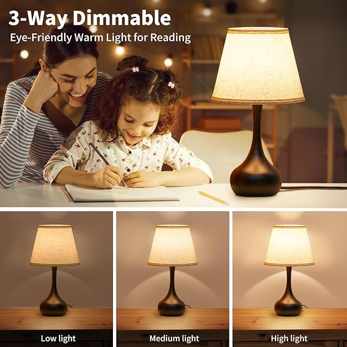 ONEWISH Touch Bedside Lamp Set of 2, Farmhouse 3-Way Dimmable Table Lamps for Nightstand with Fabric Shade, Desk Lamp for Reading, Bedroom, Livingroom, Office