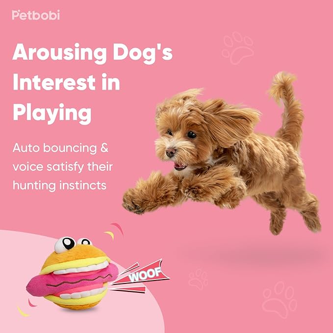 Petbobi Interactive Dog Toys Monster Active Ball for Dogs with Batteries, Self Moving Balls and Plush Cover for Small & Medium Dogs to Chase, Dog Toy Squeaky Crazy Bouncer Ball, Burger Buddy Bobby