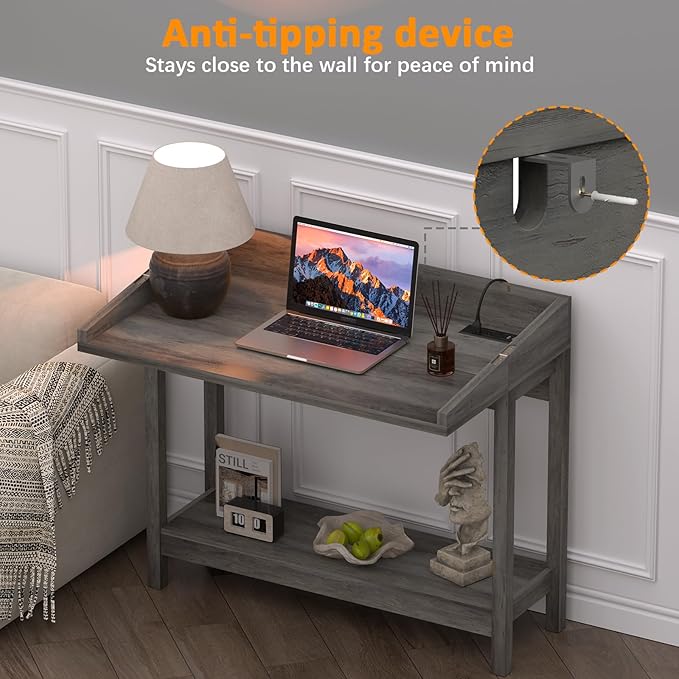 Console Table with Charging Station, 38” Narrow Side Foldable Sofa Table with Shelves, Side Table with Charging, Entryway Table with Anti-Tip Design,Rustic,Rustic Gray