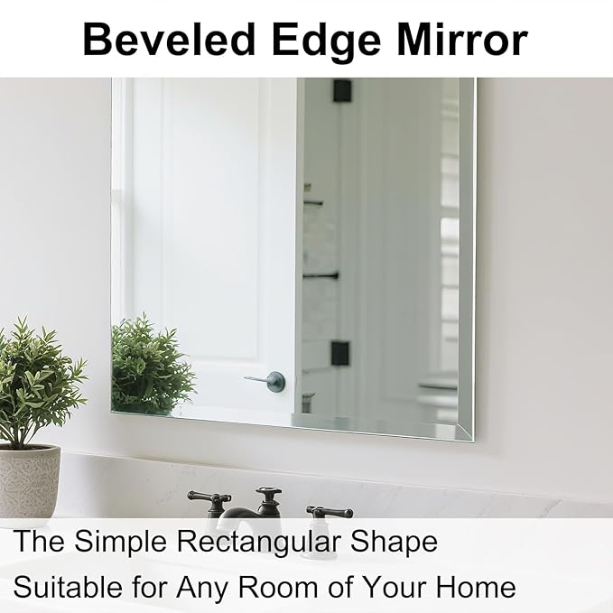 Ruomeng Frameless Mirror for Wall, 30x30 Inch Bathroom Vanity Mirror Farmhouse, Rectangle Mirror with Beveled Edge, Tempered Glass, Hangs Horizontally or Vertically