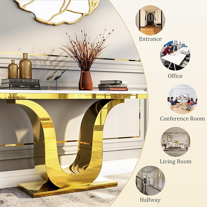 Gold Console Table, White and Gold Living Room Sofa Table, 50" Rectangle Console Table for Entryway, Living Room, Office, Foyer, Front Hall, Hallway