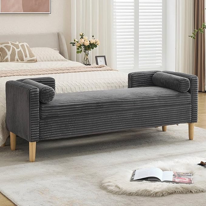 NIOIIKIT 65" Large Storage Ottoman Bench with 2 Pillows, Corduroy Upholstered Entryway Bench with Wood Leg, End of Bed Bench with Straight Armrest, Window Bench for Bedroom, Entryway (Dark Grey)