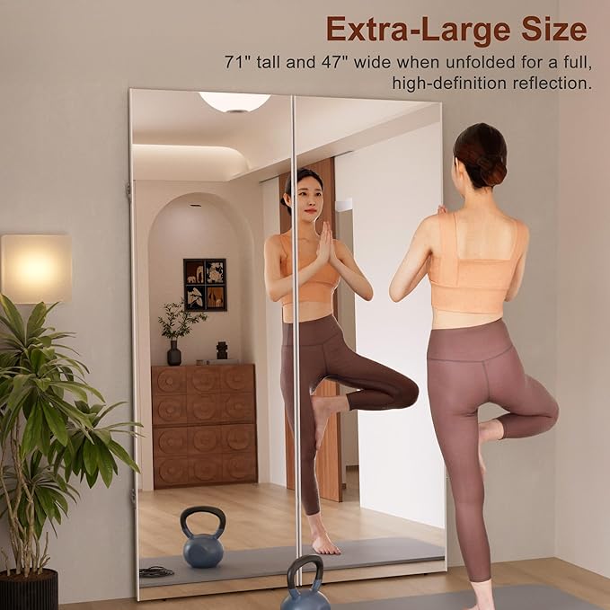 brisafe 360-Degree Folding Full-Length Mirror - 71"x47" Oversized Anti-Shatter Nano Film Mirror, Space-Saving Foldable Design for Home Gym/Yoga Studio,White, 60% Commercial Insurance Discount