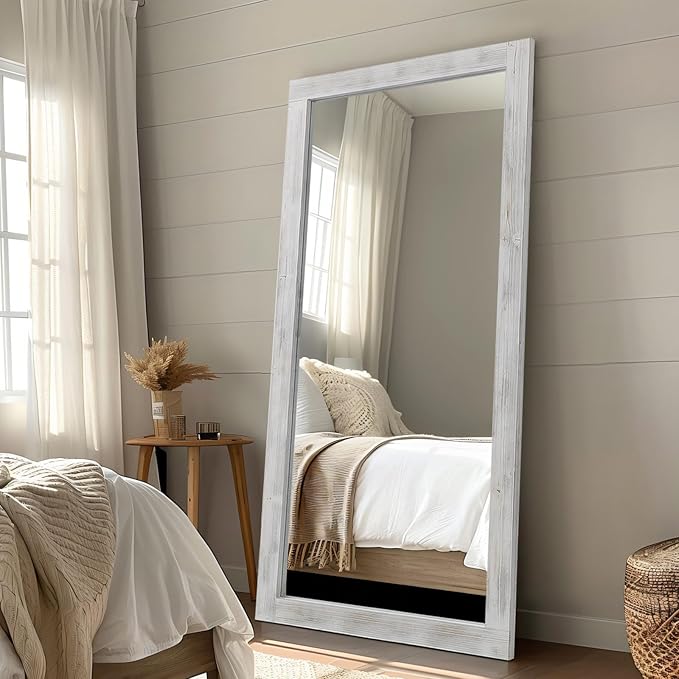 MELOMOIR Rustic Farmhouse Full Length Mirror, 71"x32" Large Floor Wood Frame, Free Standing Leaning Hanging, Full Body for Bedroom Living Room Cloakroom, Weathering White