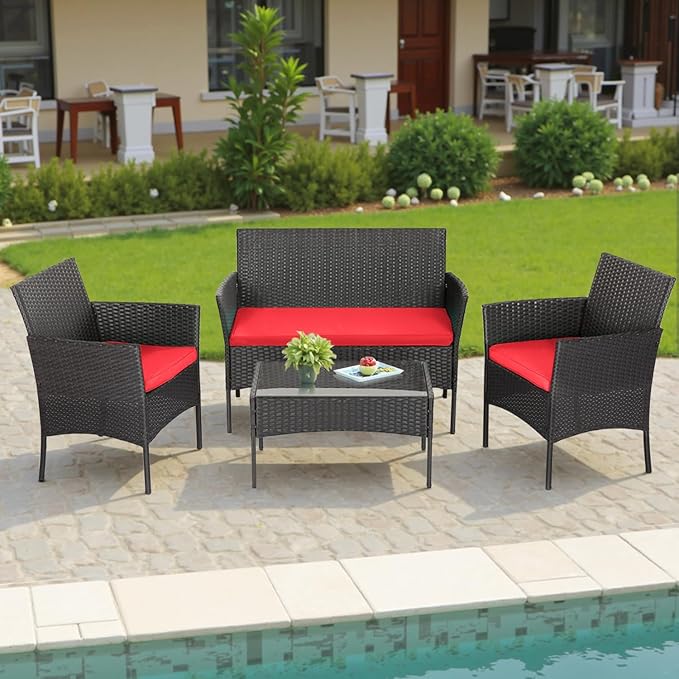 FDW | 4-Piece Patio Furniture Set | Red | Outdoor Wicker Furniture with Coffee Table | Modern Rattan Chairs Conversation Set | Outdoor Seating | Weather-Resistant | for Porch, Garden, Lawn