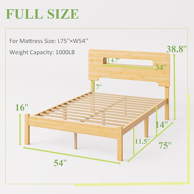 ZIYOO Solid Bamboo Wood Full Size Bed Frame with Storage Headboard, 14 inch Platform Bed Frame Full No Box Spring Needed with Steel Slats, Sturdy and Stable, Easy Assembly, Noise Free