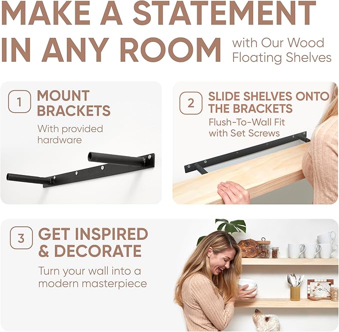 Homeforia Wood 48 inch Floating Shelf, High End Solid Natural Wood 48inch Floating Shelves for Wall Mounted, Unfinished Wooden Large Floating Shelves, Heavy Duty Bracket, 48 X 6.5 X 1.75 in, Set of 3