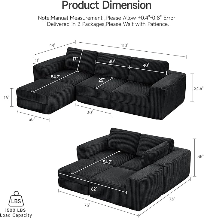 ONBRILL 110" Modular Sectional Sofa,L Shaped Couch 4 Seater with Sleeper Chaise, Sectional Couch with Deep Seat,Upholstered Corduroy Cloud Couches for Living Room,Bedroom,No Assembly Required,Black