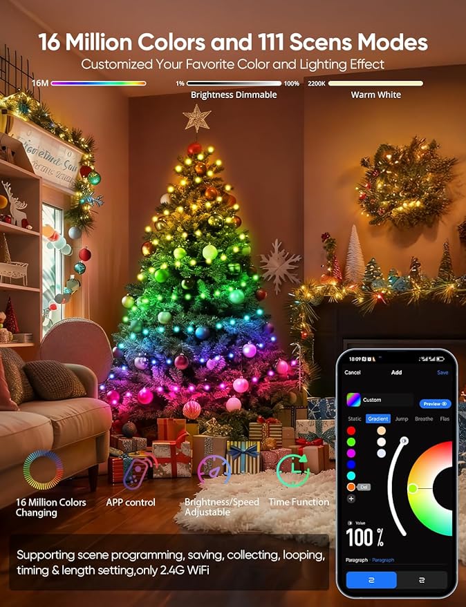 APPECK Christmas String Lights,66 FT 200 LED Outdoor String Lights, 111 Scene Modes Smart RGBW Color Changing Fairy Lights with App Controlled, Decoration String Light for Indoor, Outdoor Tree Decor
