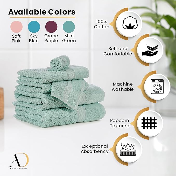 Ample Decor Bathroom Towel Set of 18-4 Bath Towel, 4 Hand Towel, 10 Wash Cloths - Ideal for Gifting, Hotel, Gym, Spa - Mint Green