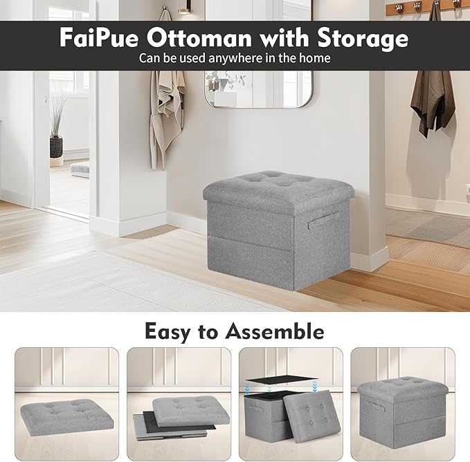 Folding Storage Ottoman, Linen Footstool Bench with Thicker Foam Padded Seat. Ottoman Foot Rest for Living Room, Bedroom, Home Office, Coffee Table. 350lbs Load Capacity, 17x13x13in, Light Gray
