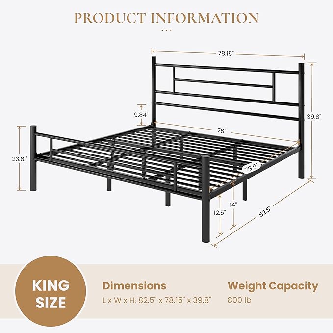 SHA CERLIN 14 Inch King Size Metal Bed Frame with Iron-Art Headboard and Footboard,Under Bed Storage Space,Platform Bed with Metal Slats Support,Easy Assembly,Noise Free,No Box Spring Needed,Black