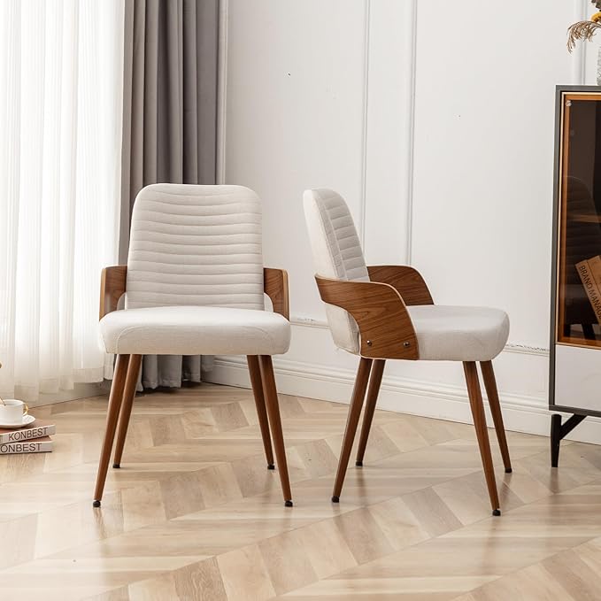 Dining Room Chairs Set of 4,Mid Century Modern Kitchen Chairs,Upholstered Beige Fabric Accent Chairs,Metal Legs Wooden Desk Chairs Armless and No Wheels for Kitchen Dining Living Room