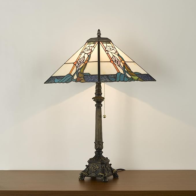 Tiffany Table Lamps Milky White Stained Glass Bugle Flowers Style Mission Desk Lamp 12X12X24 Inch Bronze Resin Base