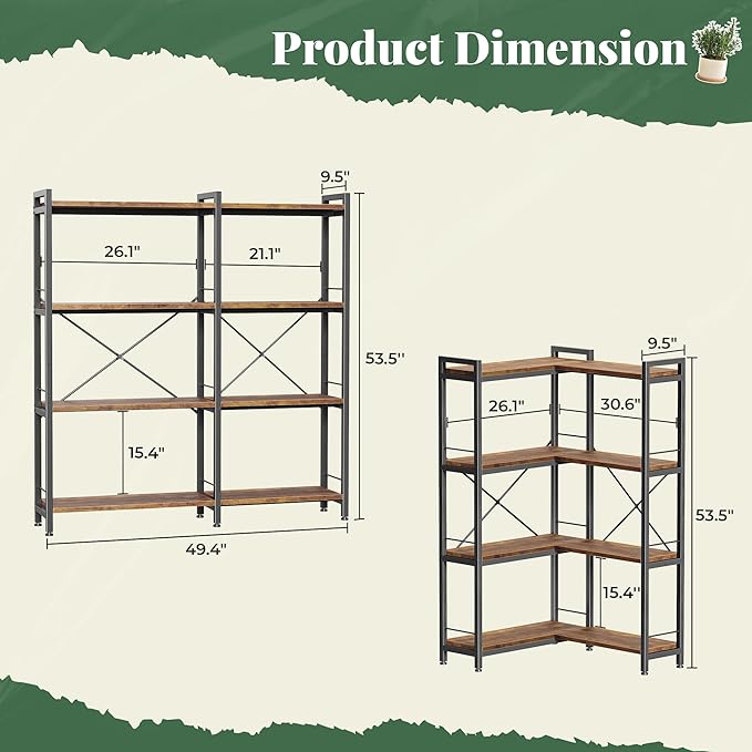 Huuger 4 Tier Bookshelf, L Shaped Corner Bookshelf with 8 Open Shelves, 49.4 Inch Straight Wide Bookcase with Metal Frame and Wooden Board, Adjustable Feet, Rustic Brown