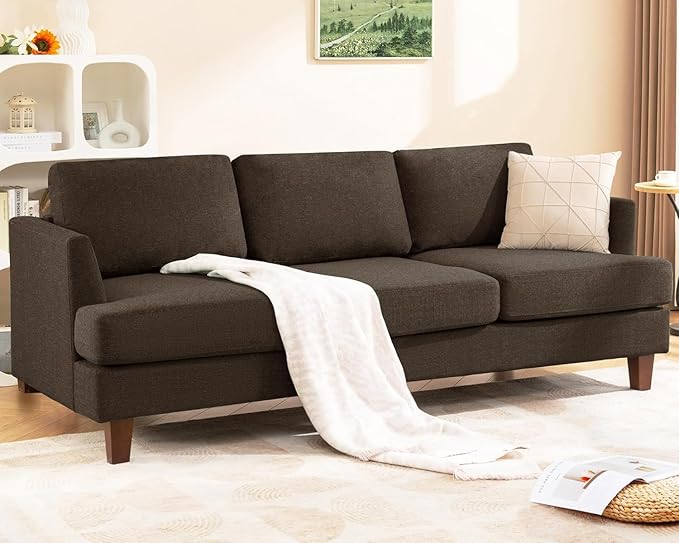 3 Seater Sofa Couch with Deep Seats, 89" Mid Century Modern Upholstered Sofa with Armrests, Comfy Couches for Living Room, Bedroom, Apartment and Office (Brown)