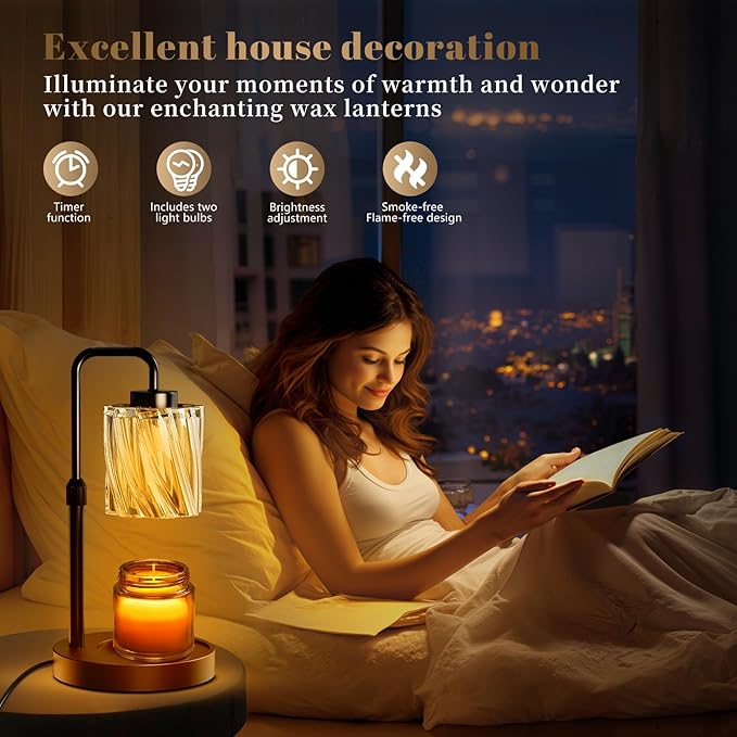 WarmEmbrace Candle Warmer Lamp with Adjustable Height& & Timer Dimmable Light, Gifts for Mom Women, House Warming Gifts New Home Bedroom Decor, Wax Melt Warmer for Jar Candles with 2 Bulbs/Black
