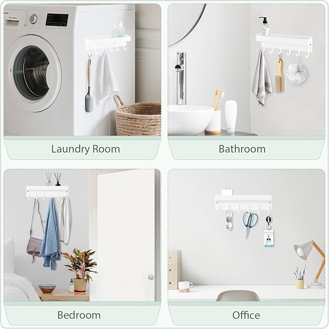 Magnetic Key Holder Wall Mount, Small Metal Key Rack with Tray, 9.6 Inch, 6 Hooks, 2 Installation Options, White