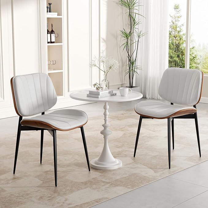Dining Chairs Set of 2, Mid Century Modern Dining Room Chair, Upholstered Faux Leather Kitchen Chairs with Walnut Bentwood Back and Metal Legs for Kitchen Dining Room Living Room, White
