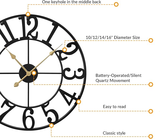 LEIKE Arabic Numeral Wall Clock 14IN Battery Operated Black, Silent Non Ticking, Wall Clocks for Living Room Decor, Small Classic for School, Office, Home, Kitchen, Bedroom