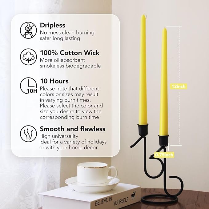 New Burning Formula Unscented Dripless 12-Inch Taper Candles Set of 12 - Yellow, for Wedding, Dinner - Smokeless, Long Burning - Hand Poured, Colored Tall Candlesticks - Amarillo