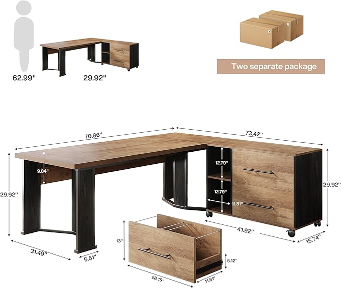 Tribesigns 70.86" Executive Desk with Mobile File Cabinet, Large L Shaped Computer Office Desk with 2 Drawers and Storage Shelves, Business Furniture Desk Workstation for Home Office (Light Brown)