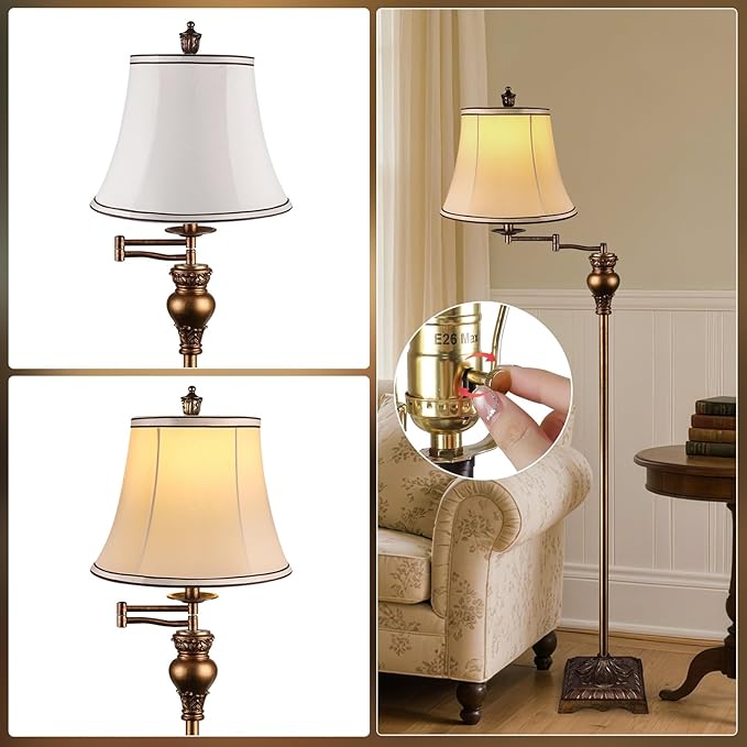 PARTPHONER Vintage Floor Lamps for Living Room,Traditional 350° Adjustable Swing Arm Farmhouse Floor Lamp for Bedroom, Rustic Standing Lamp Pole Lamps for Reading, Home Décor and Office,Bronze Gold