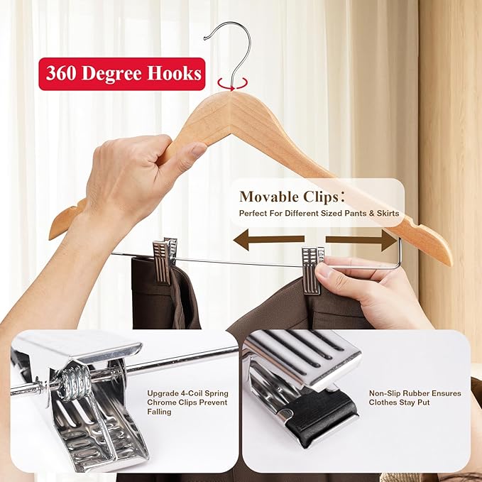 Wooden Hangers with Adjustable Heavy Duty Clips - 24 Pack Pants, Skirt, Jeans, Slacks, Shorts Hangers (Natural)