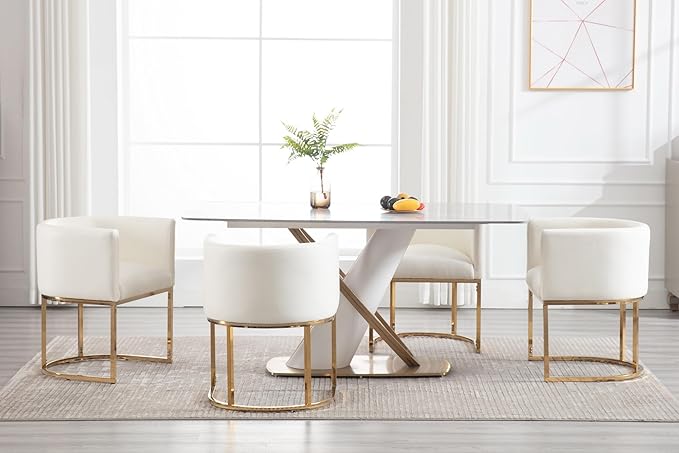 Faux Leather Dining Chairs Set of 4 Modern Barrel Arm Chairs with Golden Metal Frame, Upholstered 18.5" Wide Accent Chairs for Living Room, Dining Room, Restaurant, White