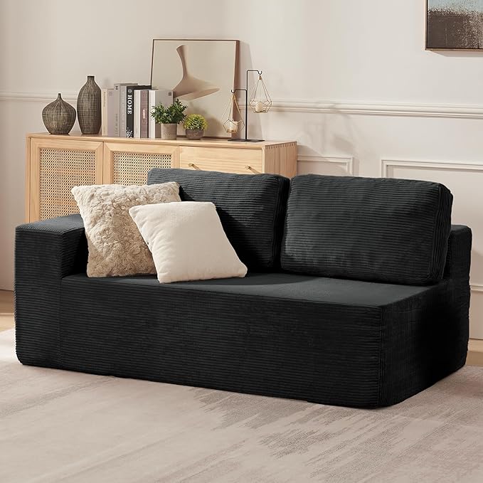 Loveseat Sofa, Cloud Modular Sofa Couch, Upholstered Floor Sofa with Deep Seat, Upholstered Foam Couch for Bedroom Living Room, No Assembly Required (Corduroy Fabric, Black)