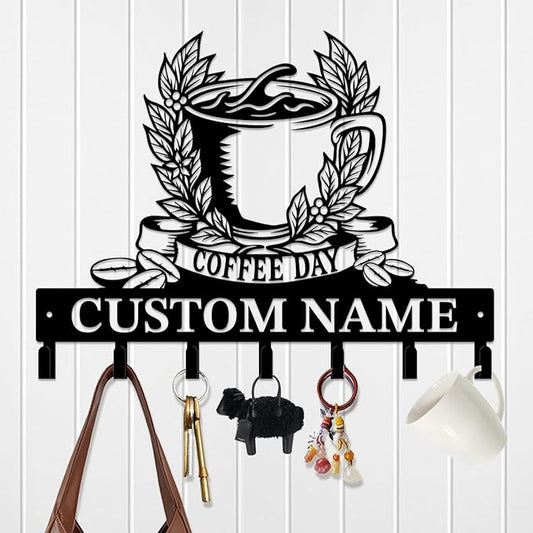 Coffee Bar Keys Holder - Metal Iron Wall Hooks with Custom Name | Personalized Home Decor & Gift Idea | Coffee-Themed Text Engraving Design (Style J)