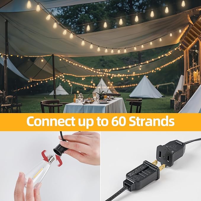 ST40 LED Outdoor String Lights 100FT with 50+2 Bulbs, E17 Socket, 0.6W, 2700K Warm White–Connectable for Garden, Backyard, Bistro, Patio, Porch, Deck, Gazebo, Party Decor