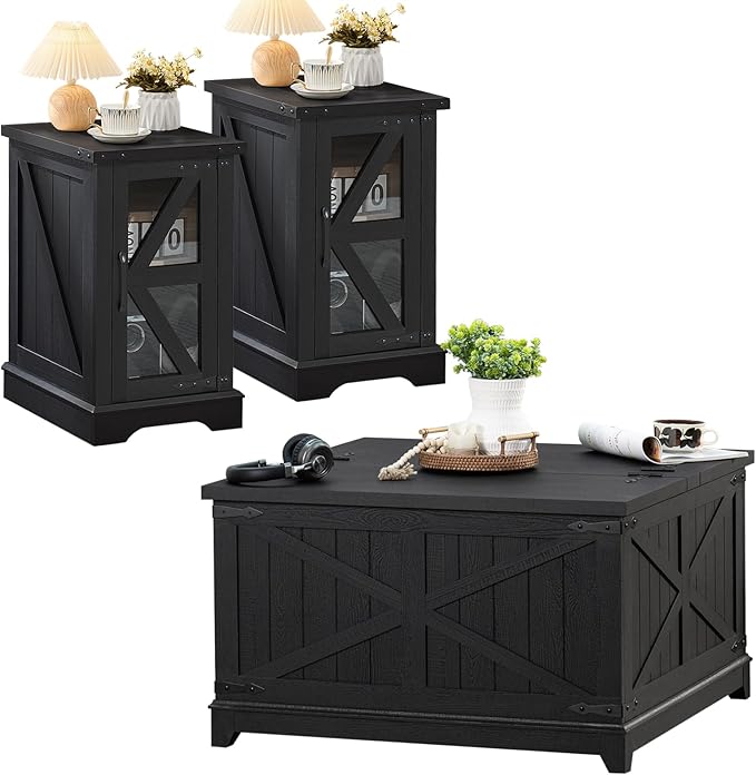 Farmhouse Coffee Table Sets 3 Pieces, Narrow Night Stand with Glass Barn Door Storage, Large Coffee Tables with Hidden Storage Organizer, Wood Furniture Sets for Living Room, Office, Black