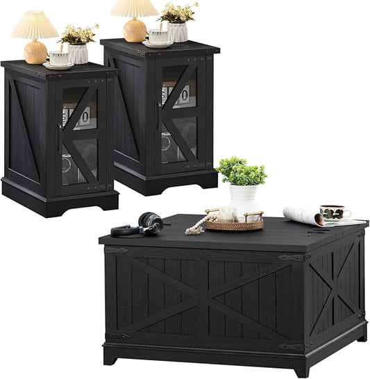 Farmhouse Coffee Table Sets 3 Pieces, Narrow Night Stand with Glass Barn Door Storage, Large Coffee Tables with Hidden Storage Organizer, Wood Furniture Sets for Living Room, Office, Black