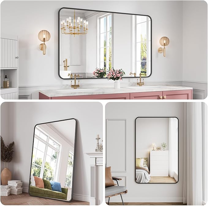 Koonmi Bathroom Mirror, 36X55 Brushed Black Rectangle Wall Mirror, HD Tempered Glass, Anti-Rust Frame Vanity Mirror, Rounded Rectangle Mirror for Restroom, Bedroom, Hangs Horizontal or Vertical