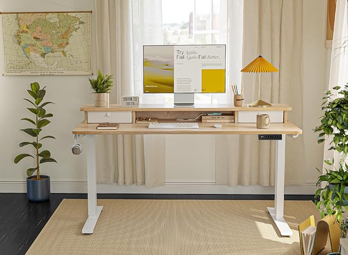 FEZIBO 48 x 24 Inch Height Adjustable Electric Standing Desk with Double Drawer, Computer Desk, Home Office Stand Up Table with 4 Height-Adjustable Feets & 2 Hooks, Maple
