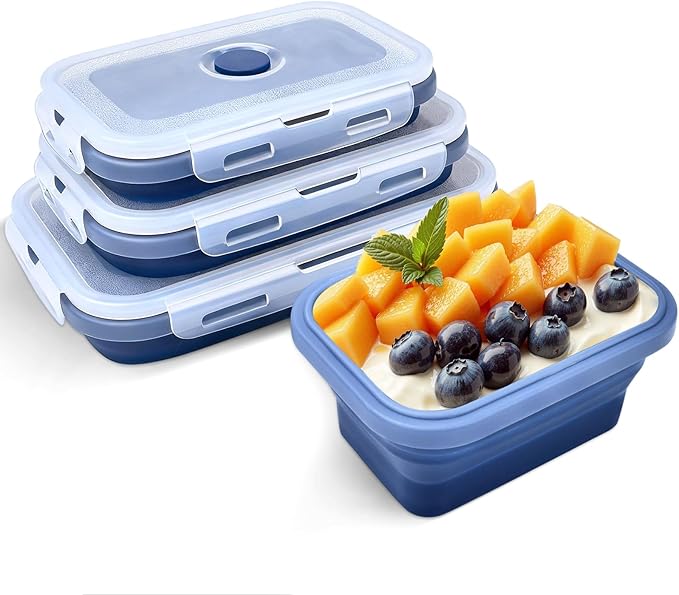 Collapsible Silicone Food Storage Containers with Lids, Collapsible Food Storage Containers, Camping Dishes, 4 Pack Foldable Lunch Box for Leftovers, Meals, Snacks, Dark Blue