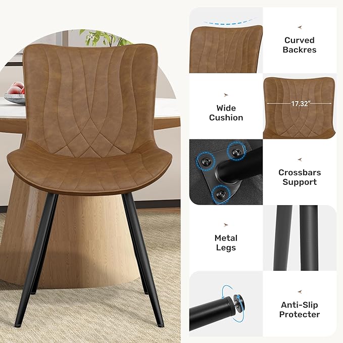 Dining Chair Set of 2 PU Leather Dining Room Chairs Upholstered Comfy Dining Chairs Modern Kitchen Armless Side Chair with Sturdy Metal Legs,Brown