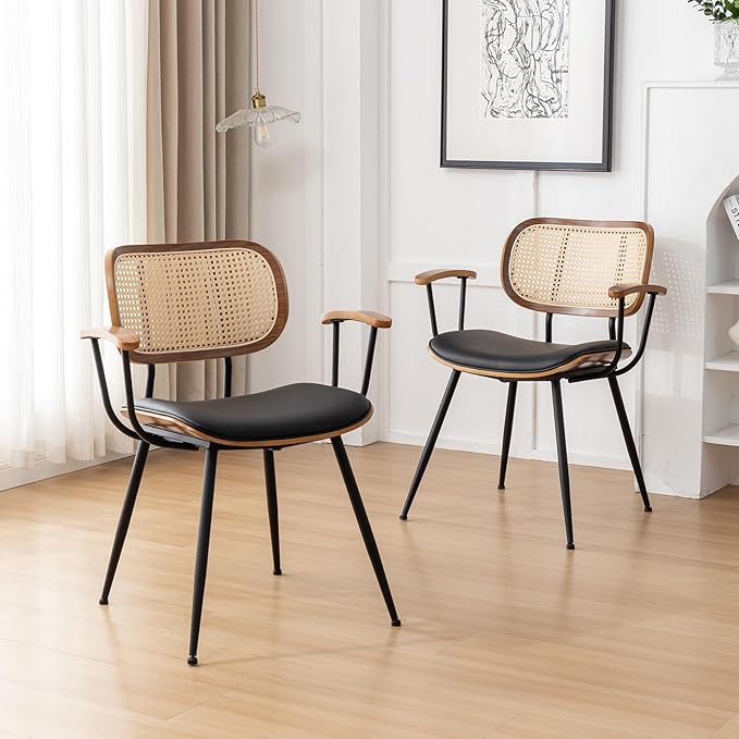 Rattan Dining Room Chairs Set of 4,Mid Century Modern Kitchen Side Chairs,Metal Legs Desk Chair,Faux Leather Accent Chair with Arms and Rattan Backrest Black PU