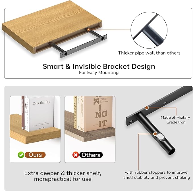 Fun Memories Floating Shelves - 2 Pack 12 Inch Rustic Wooden Wall Shelves - Extra Deeper & Thicker Wall Mounted Storage Shelf for Living Room, Kitchen, Farmhouse - 16" W x 12" D x 1.5" H - Oak