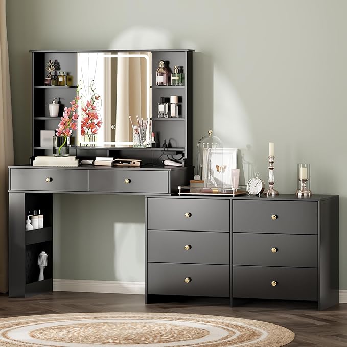 Makeup Vanity Desk with Mirror and Lights, Vanity Desk with 8 Drawers & Storage Shelves, Vanity Table with Power Outlet, 3 Color Modes & Adjustable Brightness Dressing Table, Bedroom,Jet