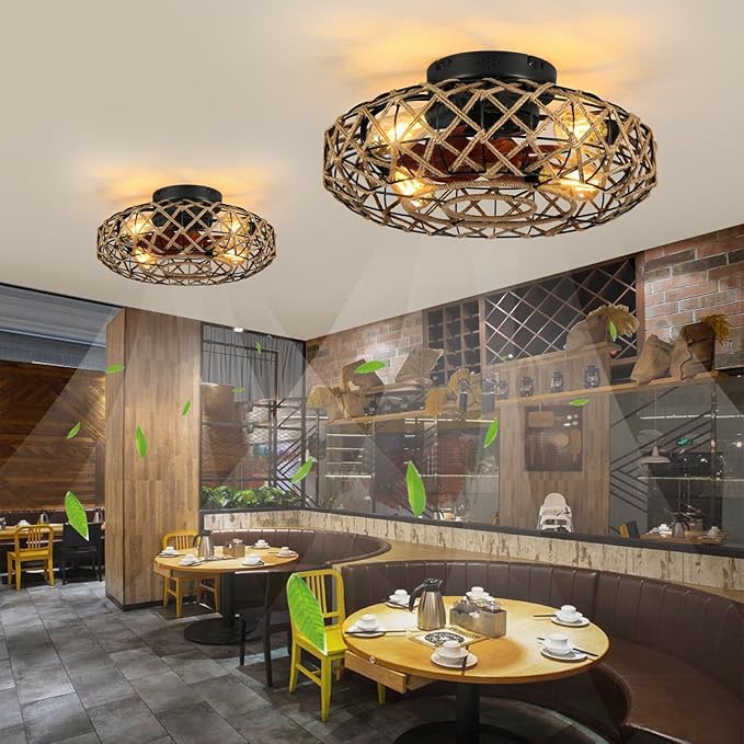 20''Rustic Hemp Rope Caged Ceiling Fans with Lights and Remote Hand-Woven Rattan Flush Mount Ceiling Fan with Light Farmhouse Boho Include Bulbs 6 Speeds Reversible for Bedroom,Kitchen Island