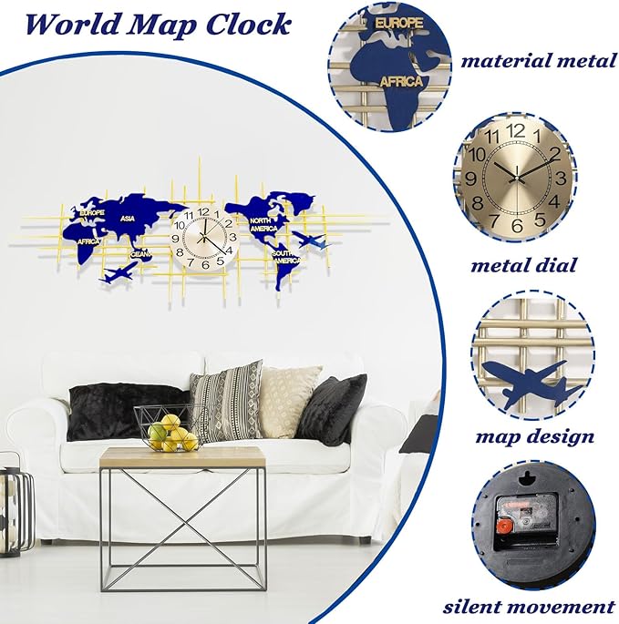 37.8 Inch Modern World Map Wall Clock, Silent Quartz 3D Design, Large Handmade Iron Frameless Decorative Clock for Living Room, Bedroom, Kitchen, Office (Small)